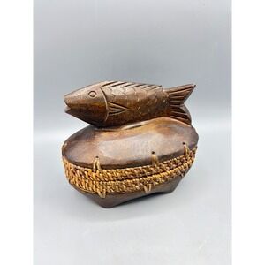 Vintage Indonesian Lombok Basket Woven Rattan Fish Trinket Box Wooden